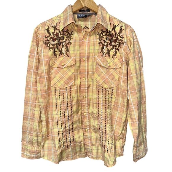 Lamasini Men’s Western Yellow Plaid Embroidered Rhinestones M Cowboy Rodeo - Picture 1 of 11
